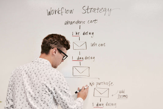 Man whiteboarding an automated email flow